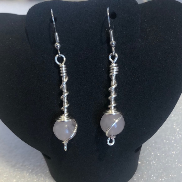 Rose quartz dangle wire wrap earrings handmade 2” - Picture 6 of 6